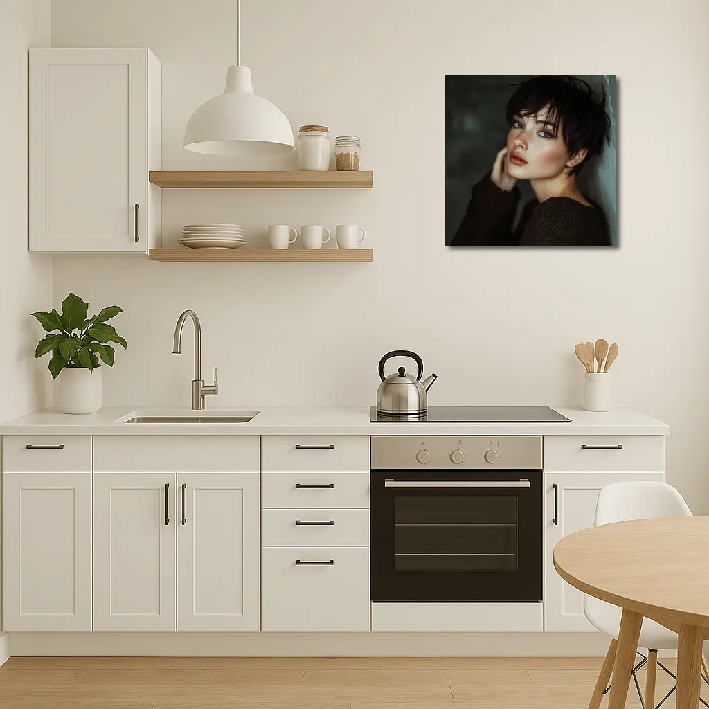 Dark Hair Woman Portrait Moody Gray Background – Wall Art