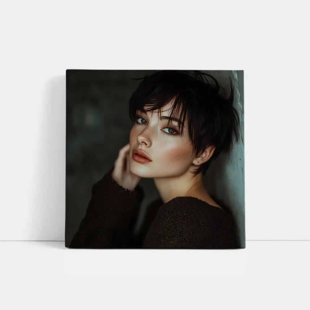 Dark Hair Woman Portrait Moody Gray Background – Wall Art
