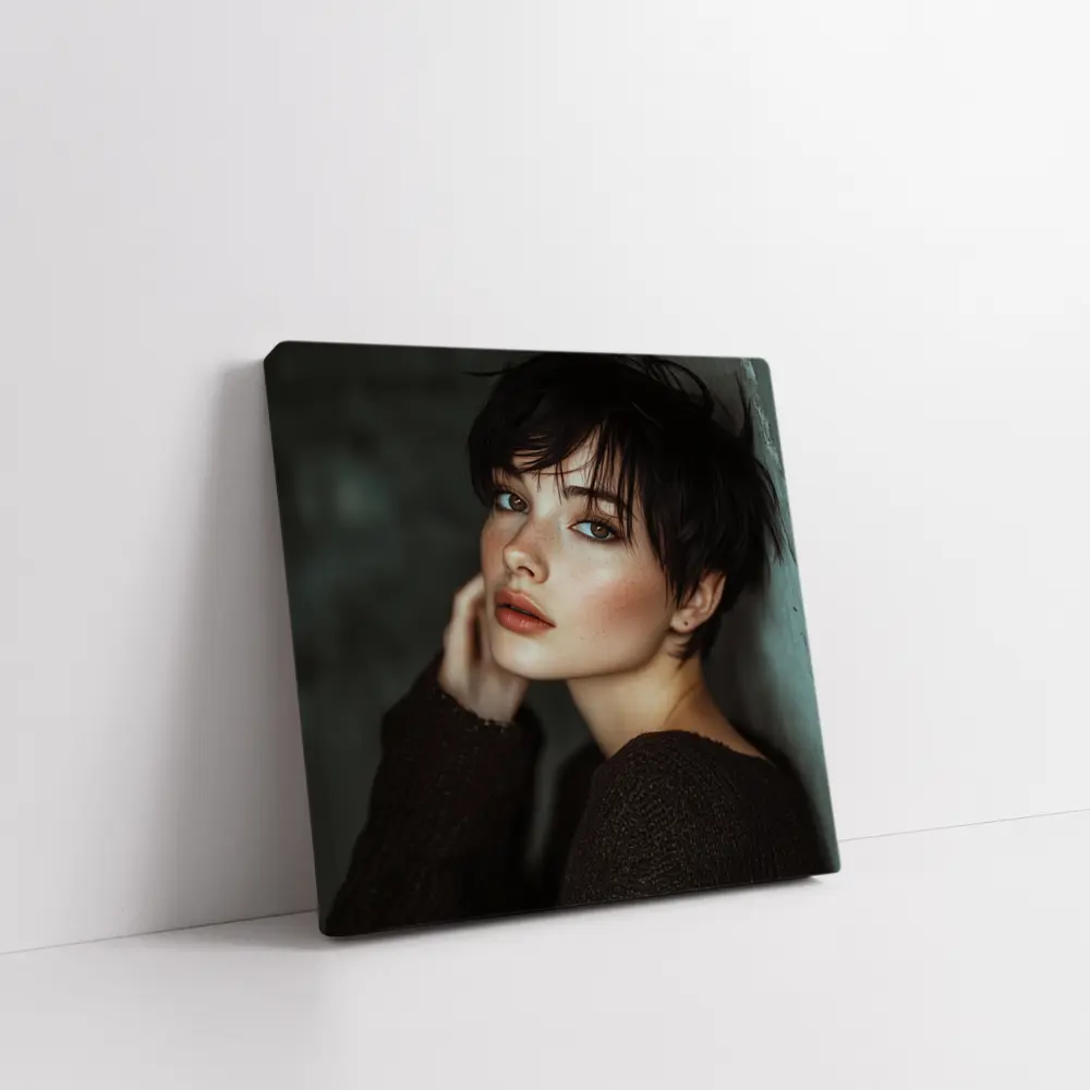 Dark Hair Woman Portrait Moody Gray Background – Wall Art