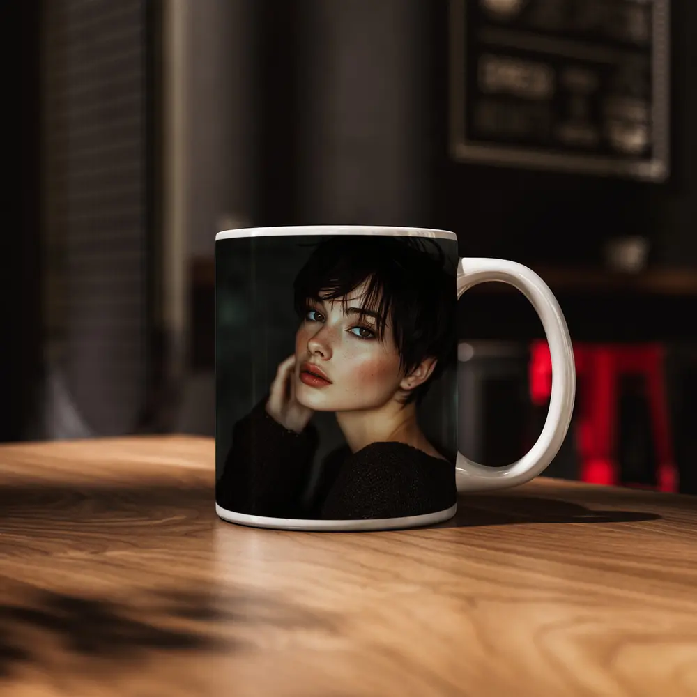 Dark Hair Woman Portrait Moody Gray Background – Mugs