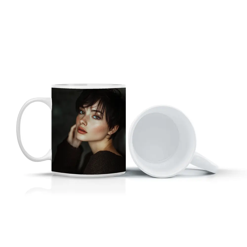 Dark Hair Woman Portrait Moody Gray Background – Mugs