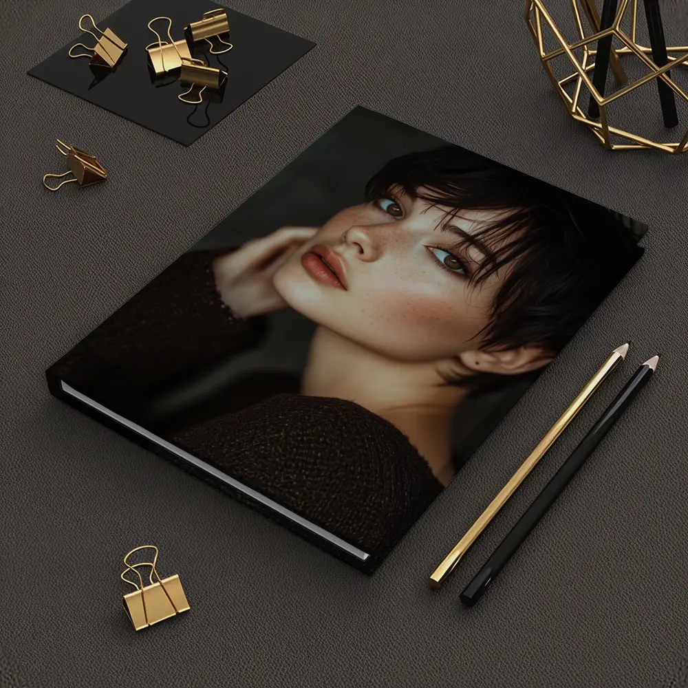 Dark Hair Woman Portrait Moody Gray Background – Notebooks