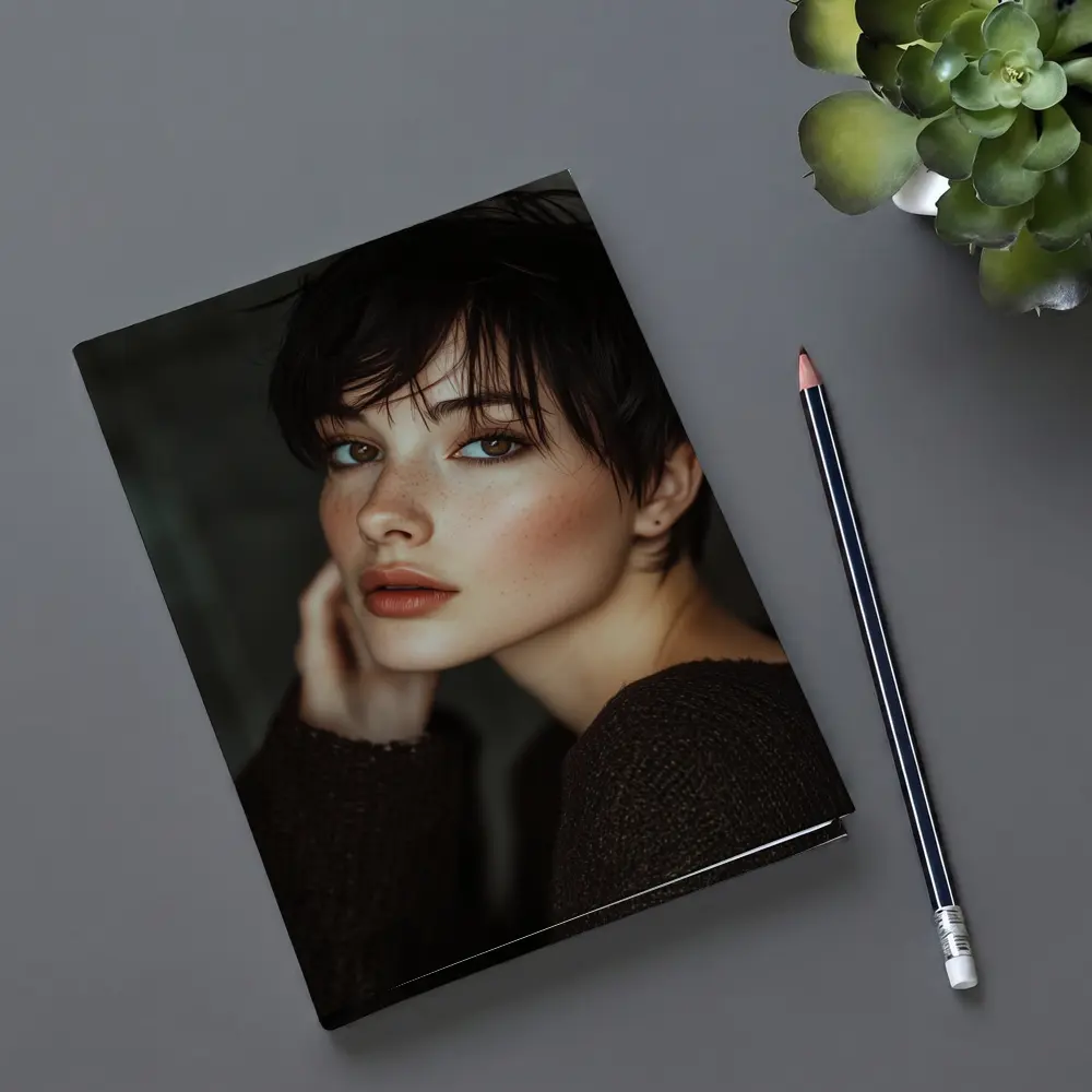 Dark Hair Woman Portrait Moody Gray Background – Notebooks