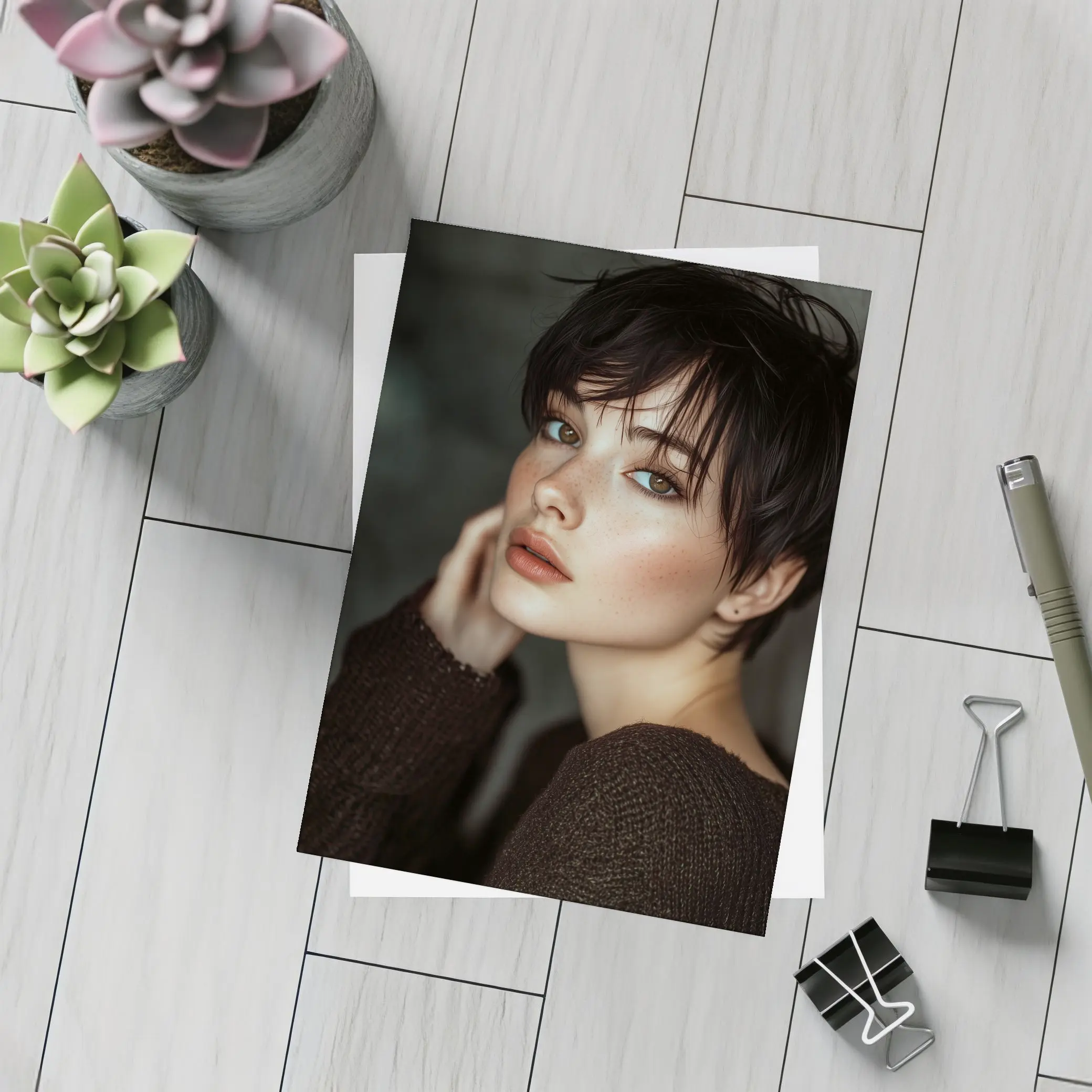 Dark Hair Woman Portrait Moody Gray Background – Postcards