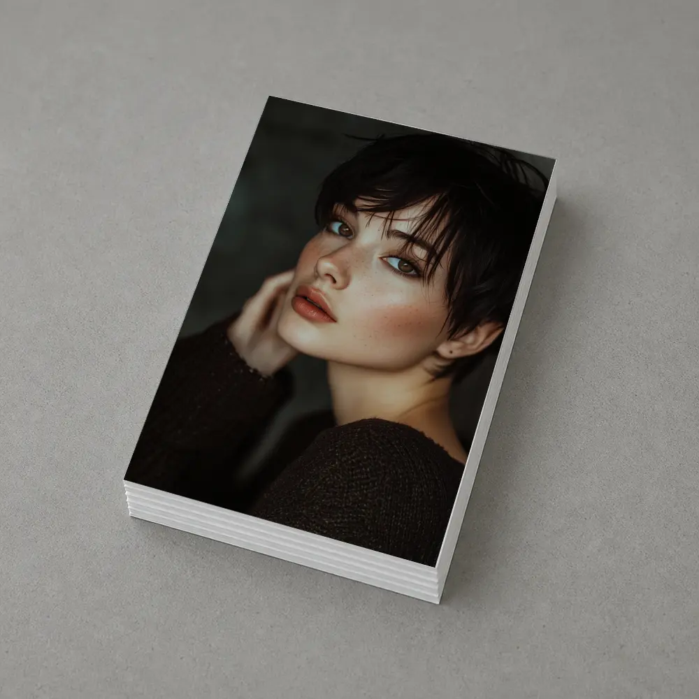 Dark Hair Woman Portrait Moody Gray Background – Postcards