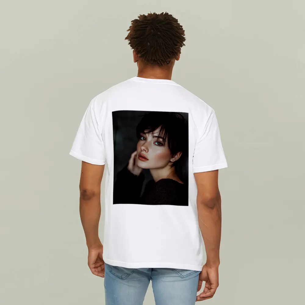 Dark Hair Woman Portrait Moody Gray Background – T-Shirts