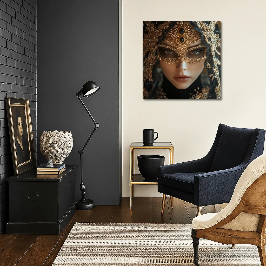 Masked Woman Gold Ornate Black Veil – Wall Art