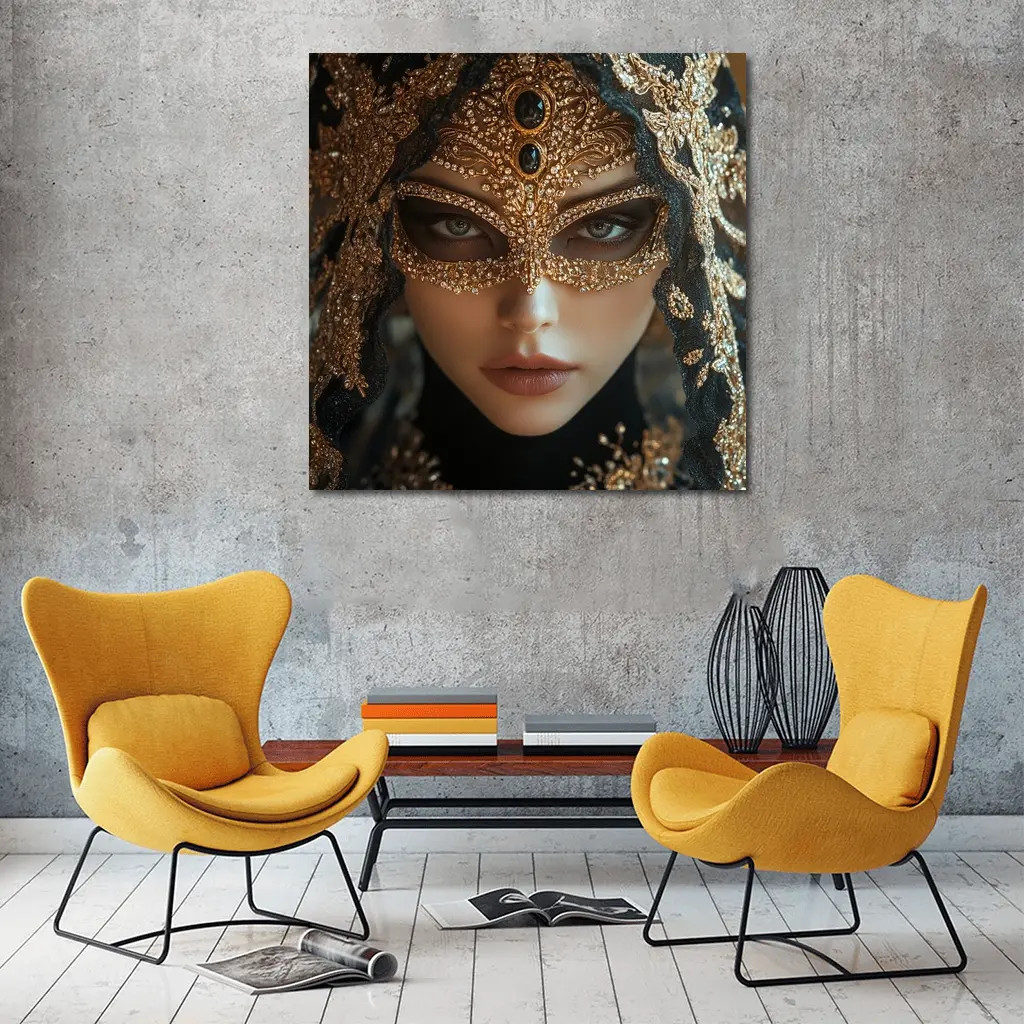 Masked Woman Gold Ornate Black Veil – Wall Art