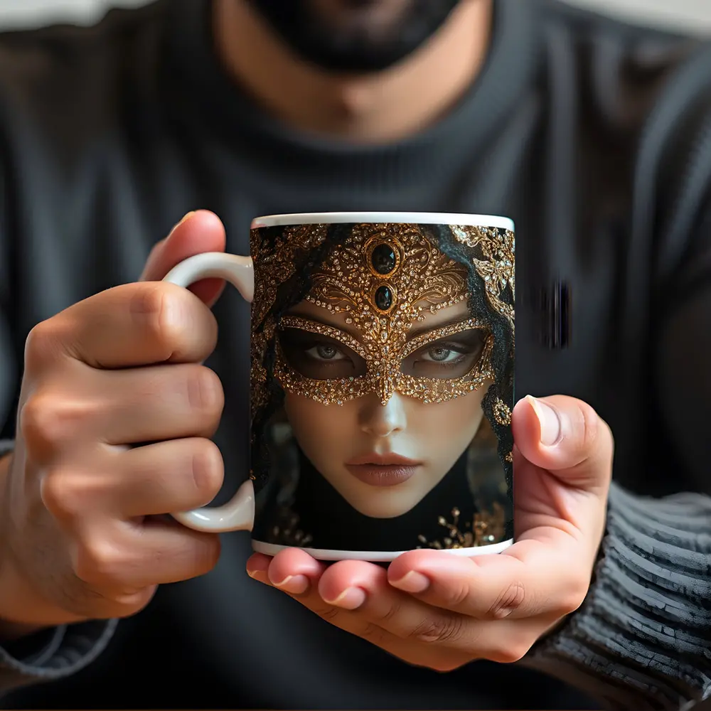 Masked Woman Gold Ornate Black Veil – Mugs