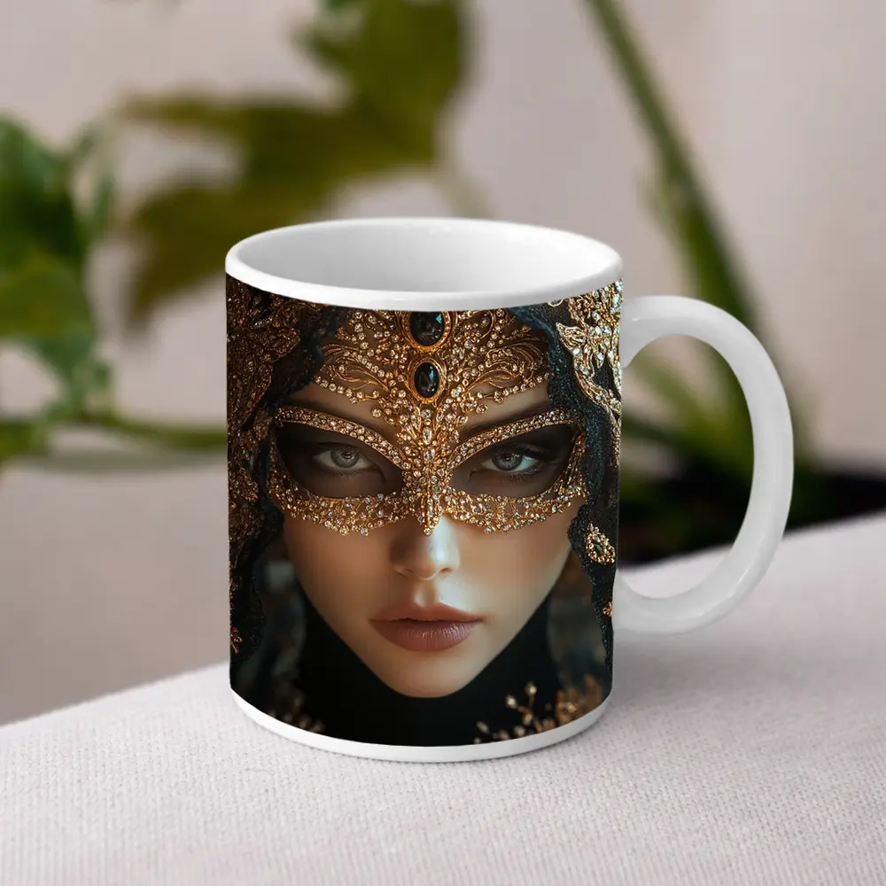 Masked Woman Gold Ornate Black Veil – Mugs