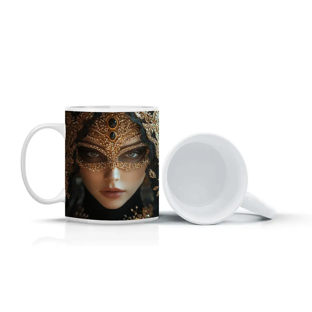 Masked Woman Gold Ornate Black Veil – Mugs