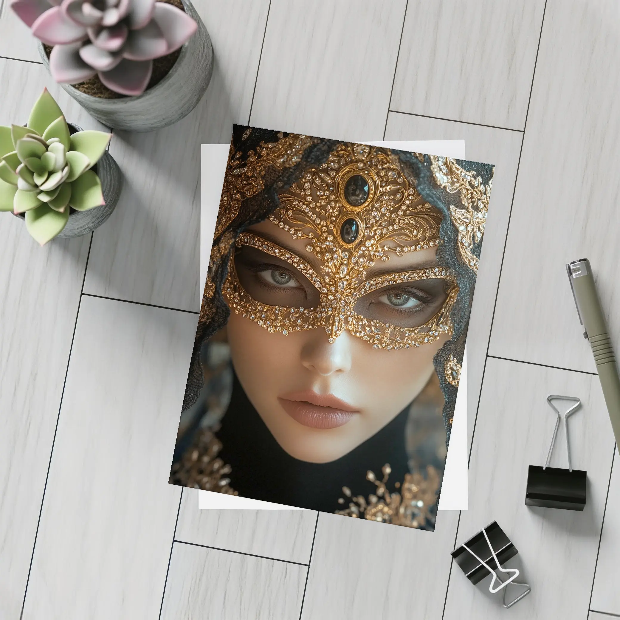 Masked Woman Gold Ornate Black Veil – Postcards