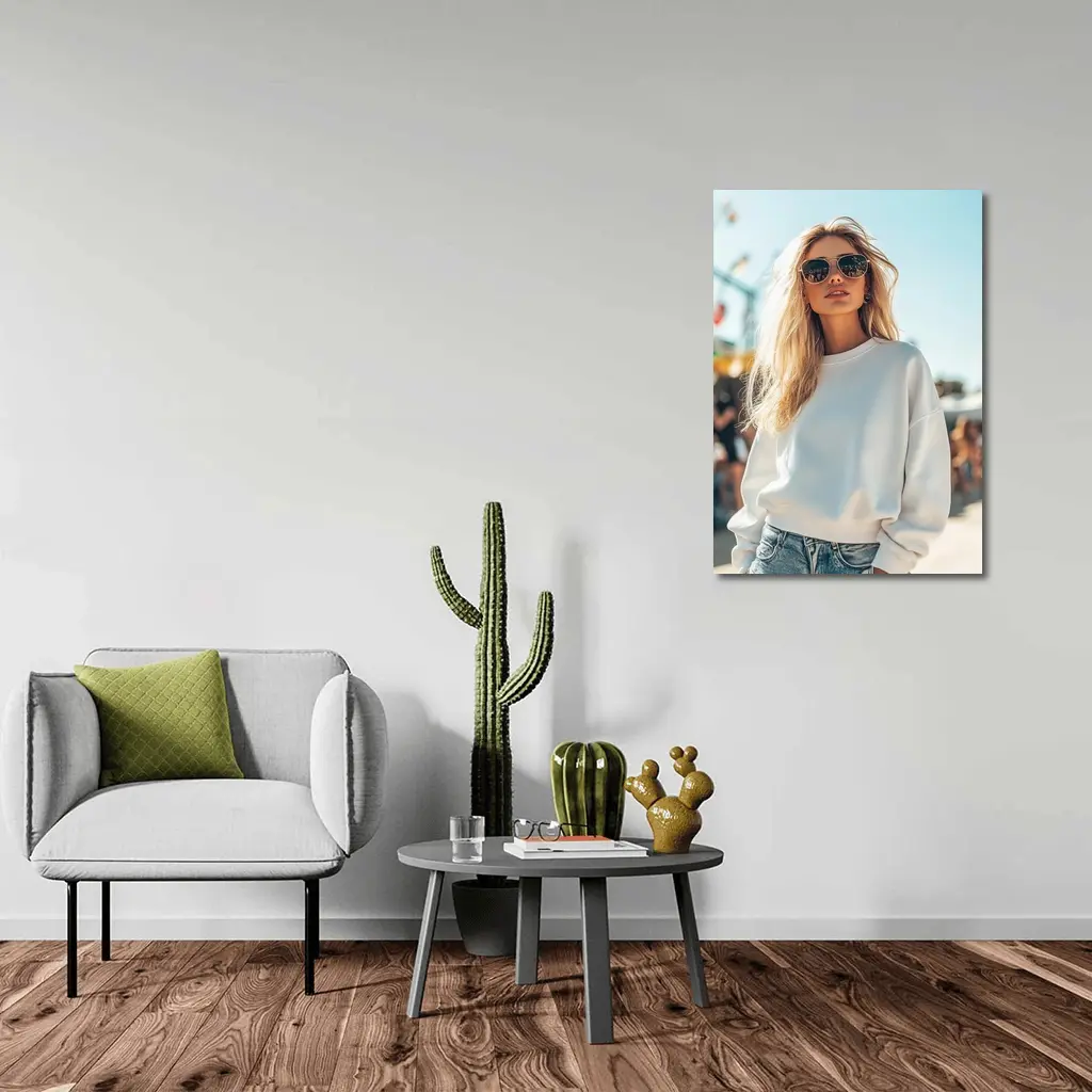 Blonde Woman White Sweatshirt Sunny Outdoor Festival – Wall Art