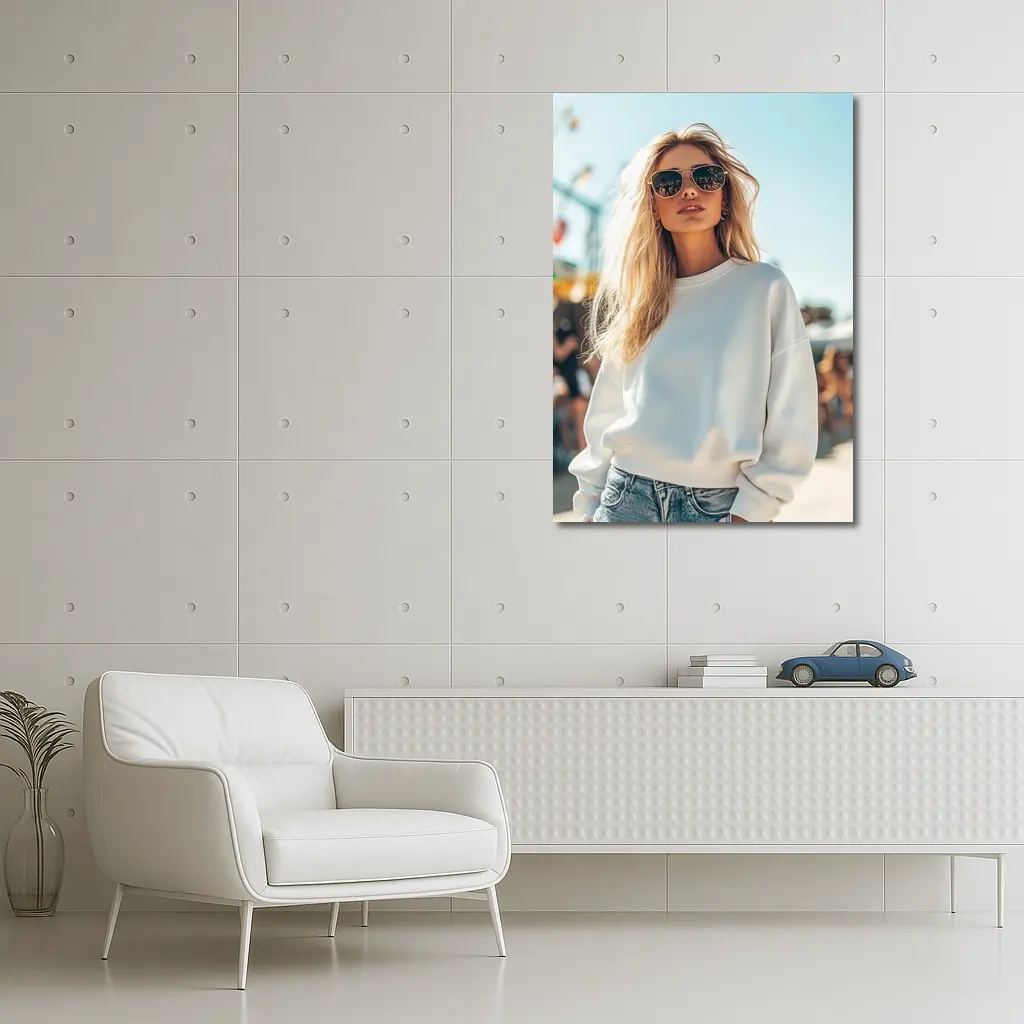 Blonde Woman White Sweatshirt Sunny Outdoor Festival – Wall Art