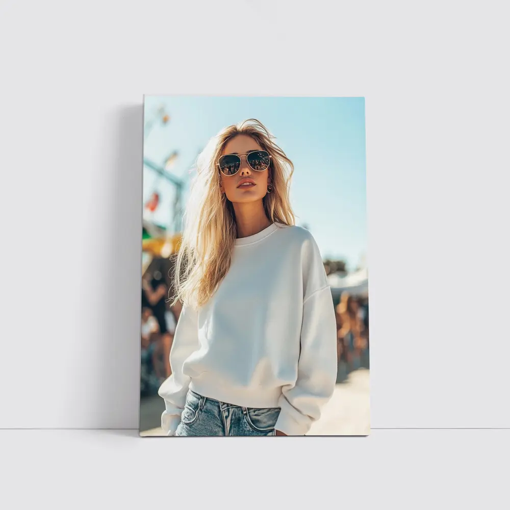 Blonde Woman White Sweatshirt Sunny Outdoor Festival – Wall Art