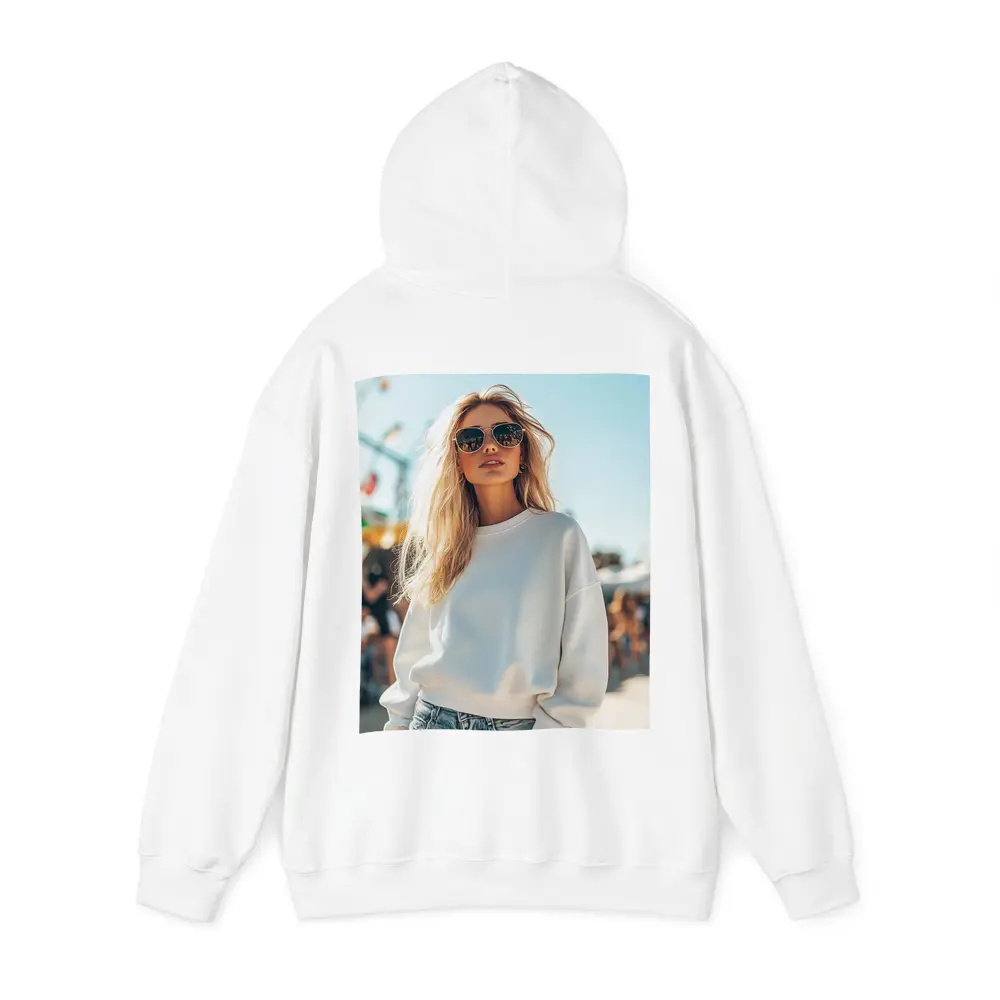 Blonde Woman White Sweatshirt Sunny Outdoor Festival – Hoodies