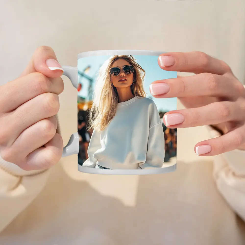 Blonde Woman White Sweatshirt Sunny Outdoor Festival – Mugs