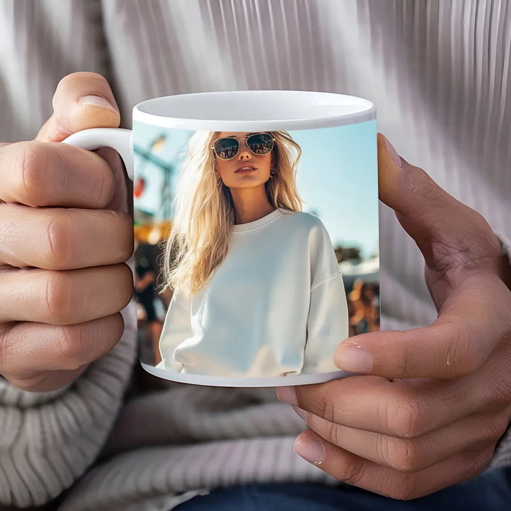 Blonde Woman White Sweatshirt Sunny Outdoor Festival – Mugs