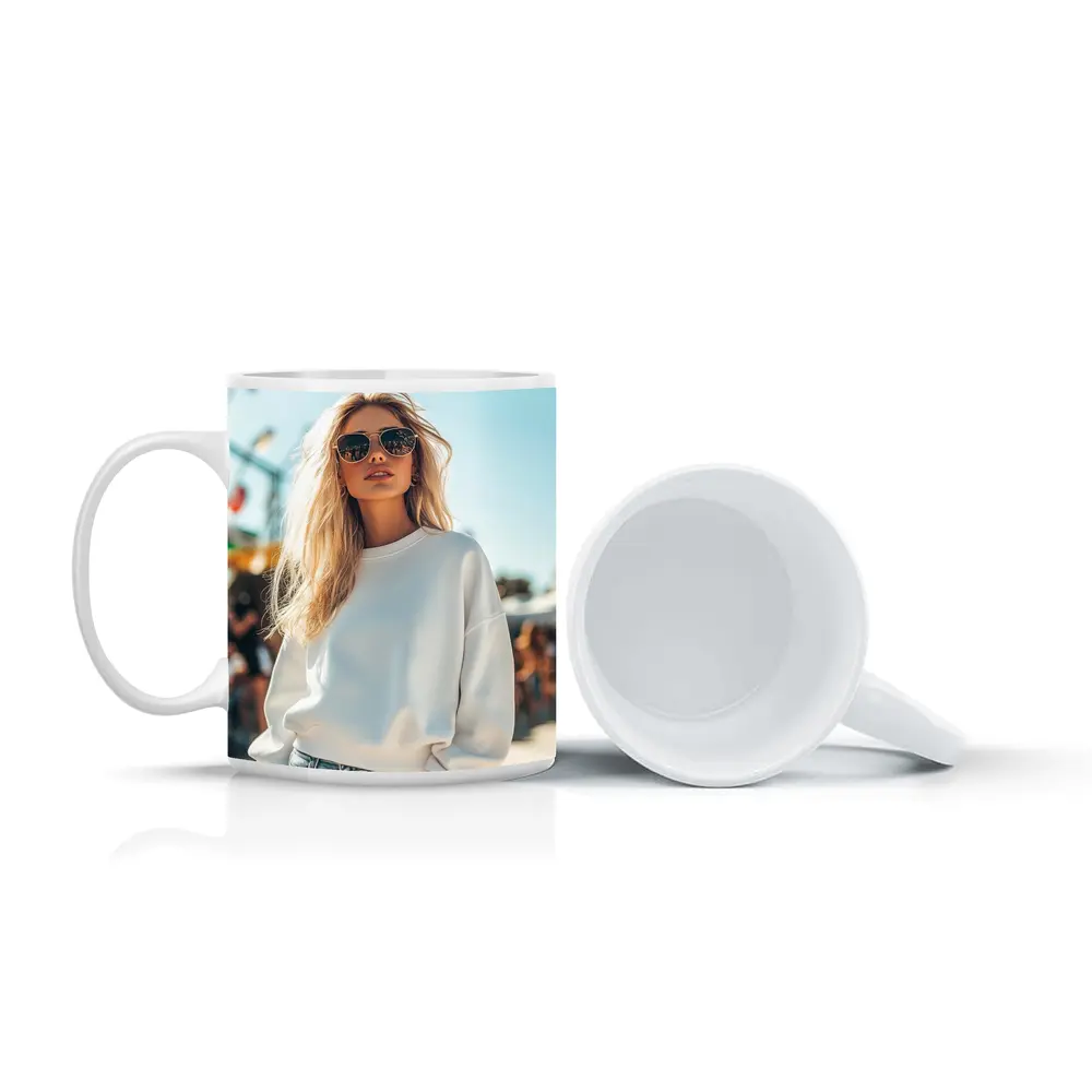 Blonde Woman White Sweatshirt Sunny Outdoor Festival – Mugs