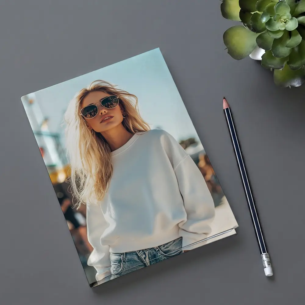 Blonde Woman White Sweatshirt Sunny Outdoor Festival – Notebooks