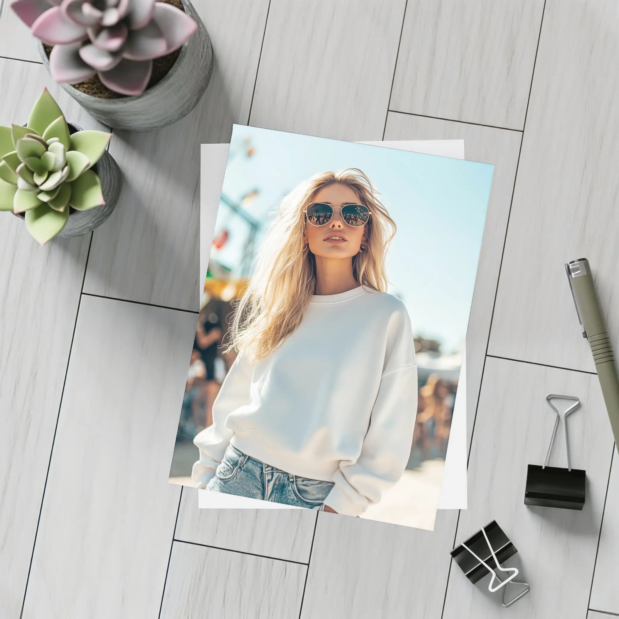 Blonde Woman White Sweatshirt Sunny Outdoor Festival – Postcards