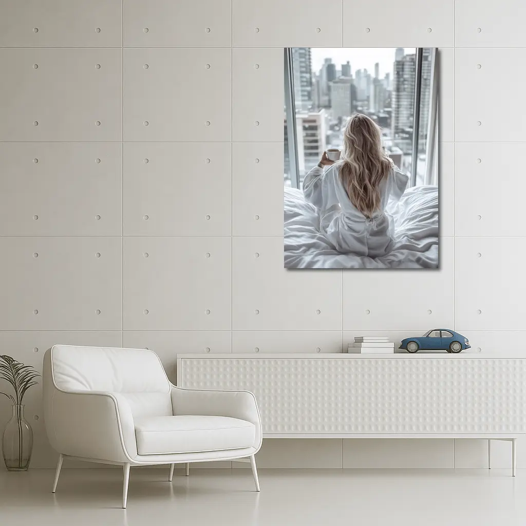 Woman Coffee City Skyline Morning View – Wall Art
