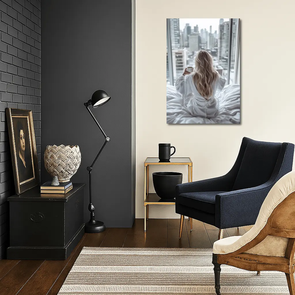 Woman Coffee City Skyline Morning View – Wall Art