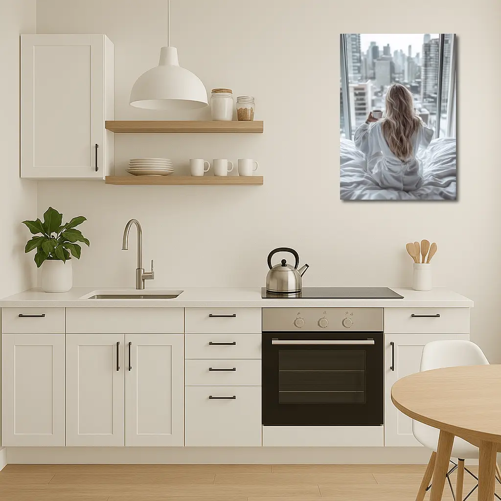 Woman Coffee City Skyline Morning View – Wall Art