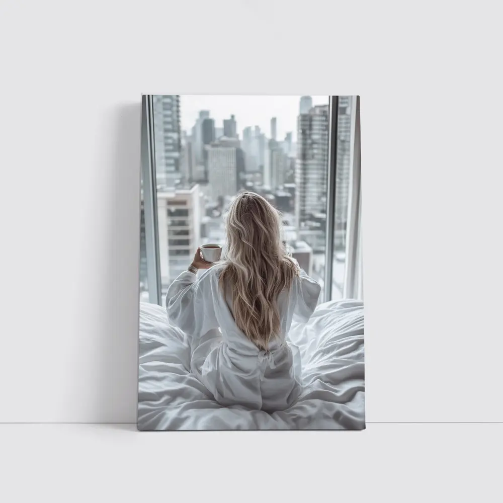 Woman Coffee City Skyline Morning View – Wall Art