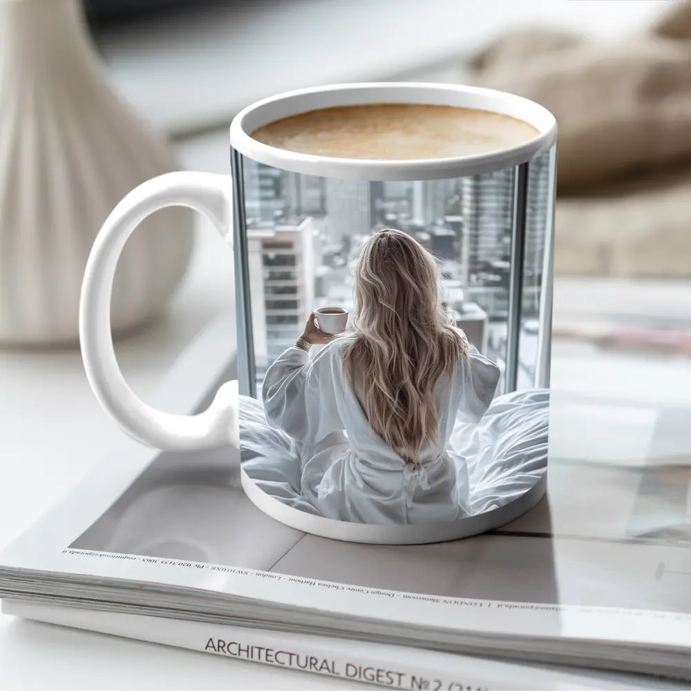 Woman Coffee City Skyline Morning View – Mugs