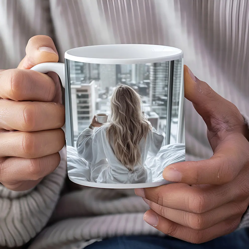 Woman Coffee City Skyline Morning View – Mugs