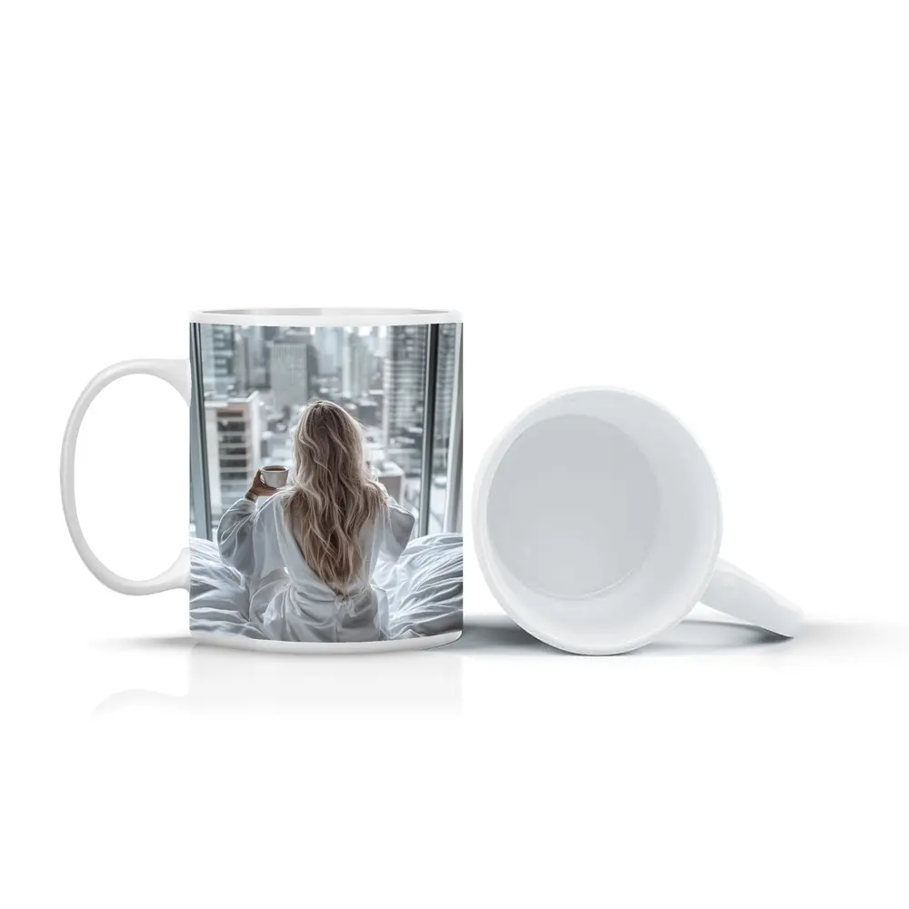 Woman Coffee City Skyline Morning View – Mugs