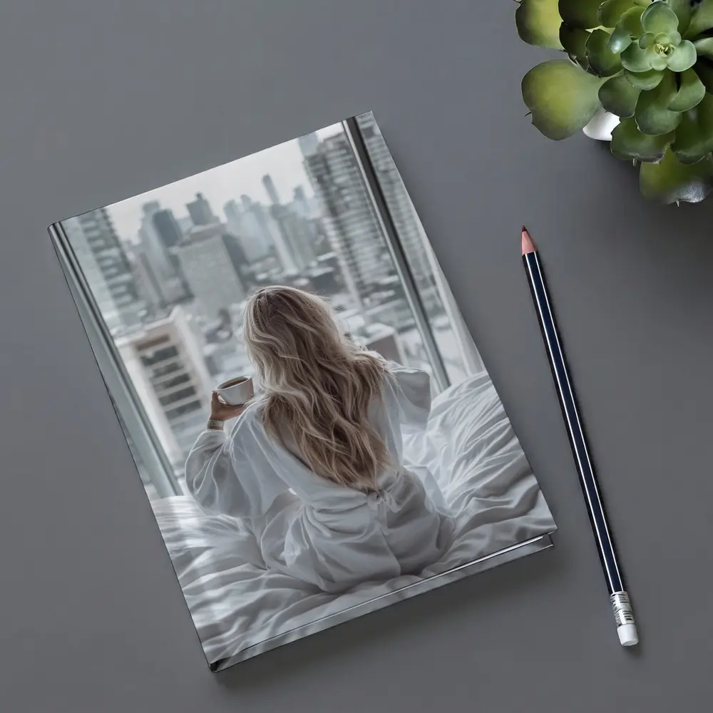 Woman Coffee City Skyline Morning View – Notebooks