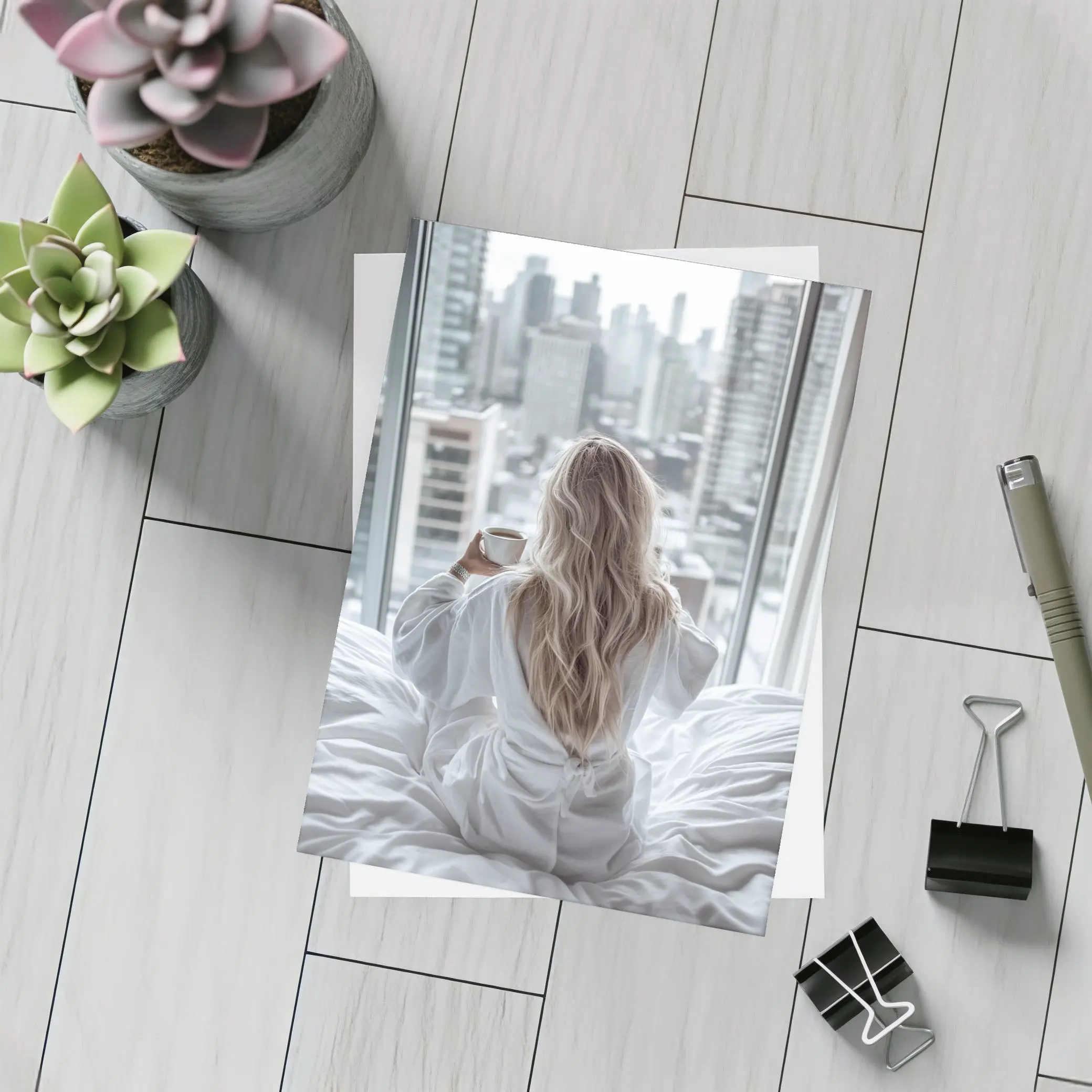 Woman Coffee City Skyline Morning View – Postcards