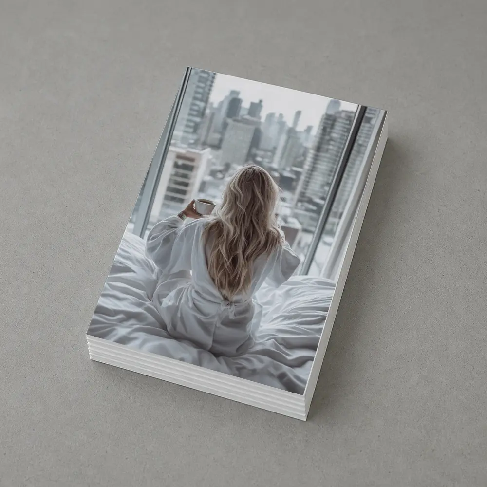 Woman Coffee City Skyline Morning View – Postcards
