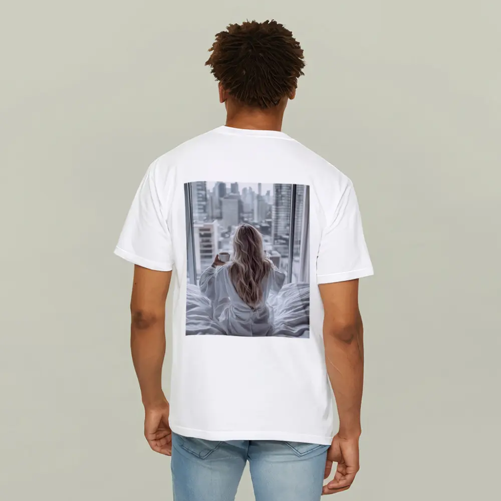 Woman Coffee City Skyline Morning View – T-Shirts