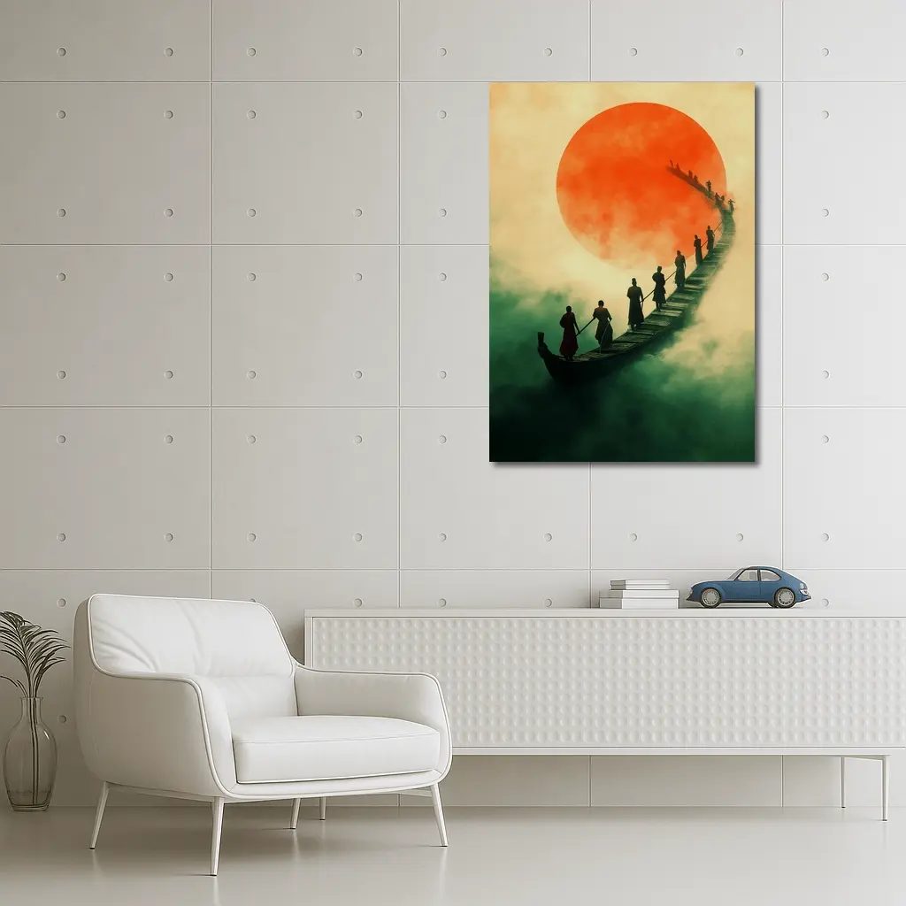 Samurai Warriors Crossing Misty Bridge Red Sun – Wall Art