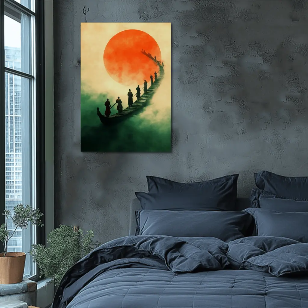 Samurai Warriors Crossing Misty Bridge Red Sun – Wall Art