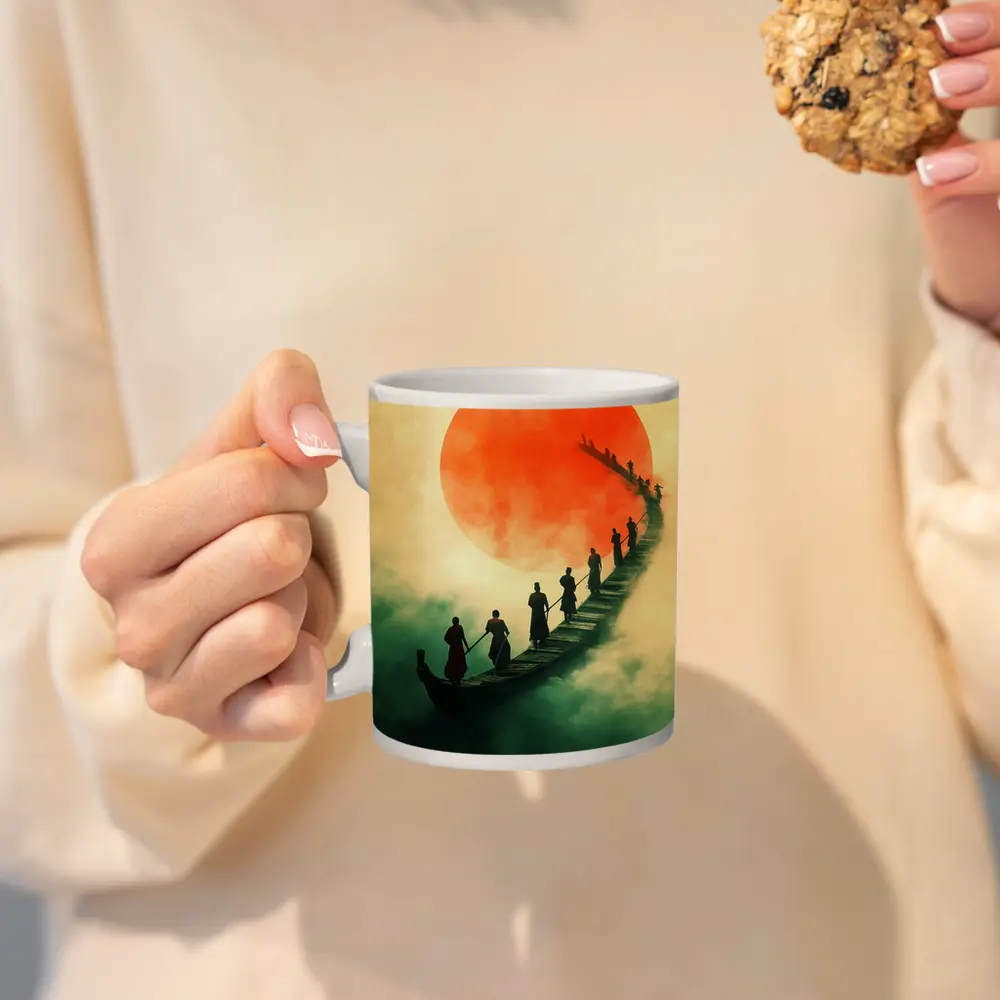 Samurai Warriors Crossing Misty Bridge Red Sun – Mugs