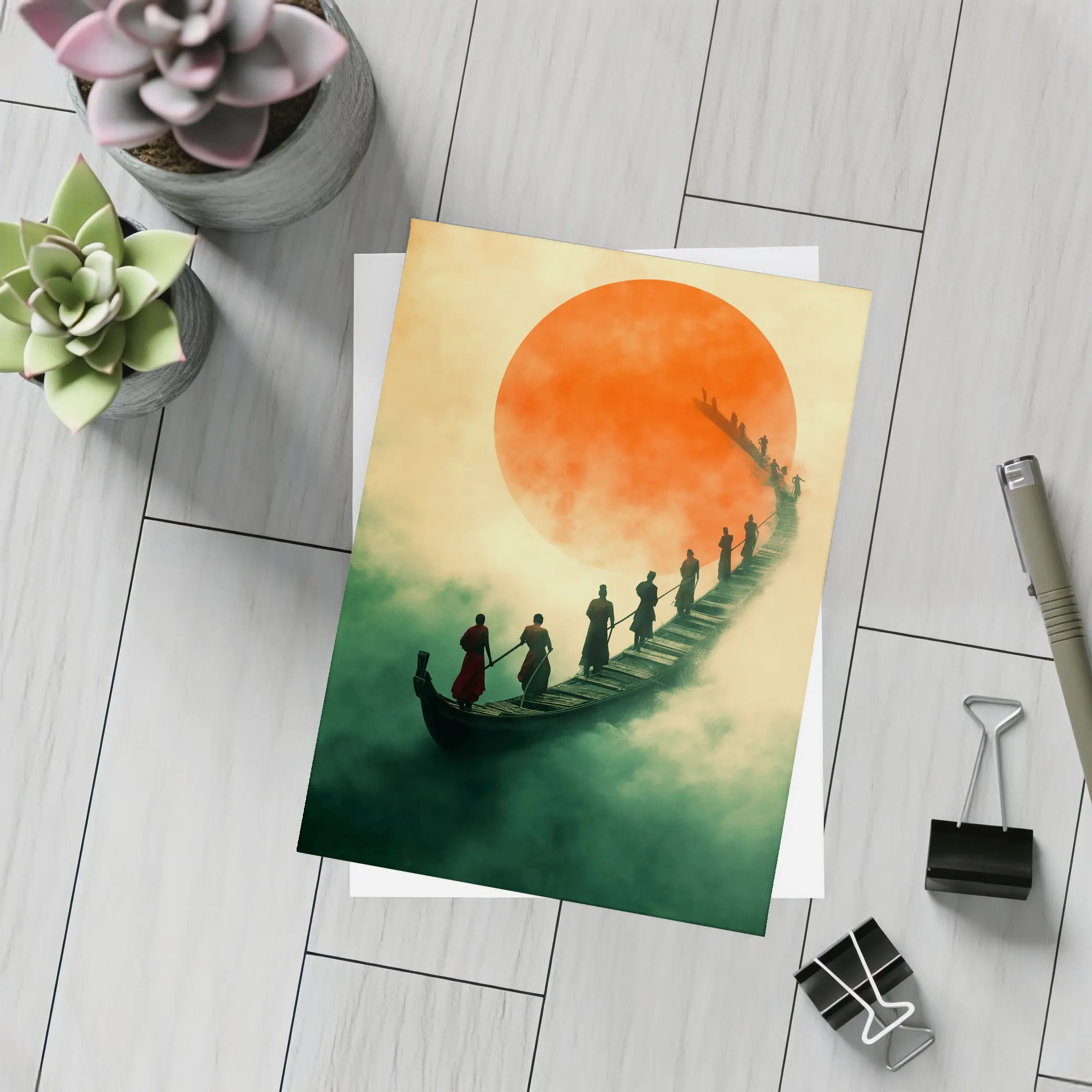 Samurai Warriors Crossing Misty Bridge Red Sun – Postcards