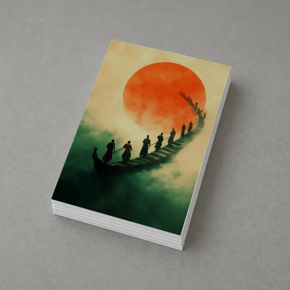 Samurai Warriors Crossing Misty Bridge Red Sun – Postcards