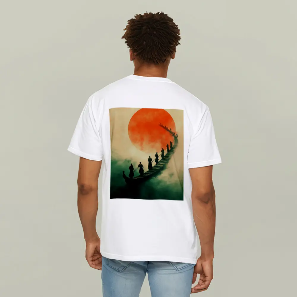 Samurai Warriors Crossing Misty Bridge Red Sun – T-Shirts