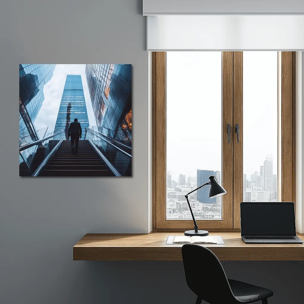 Businessman Silhouette Walking Up City Stairs – Wall Art