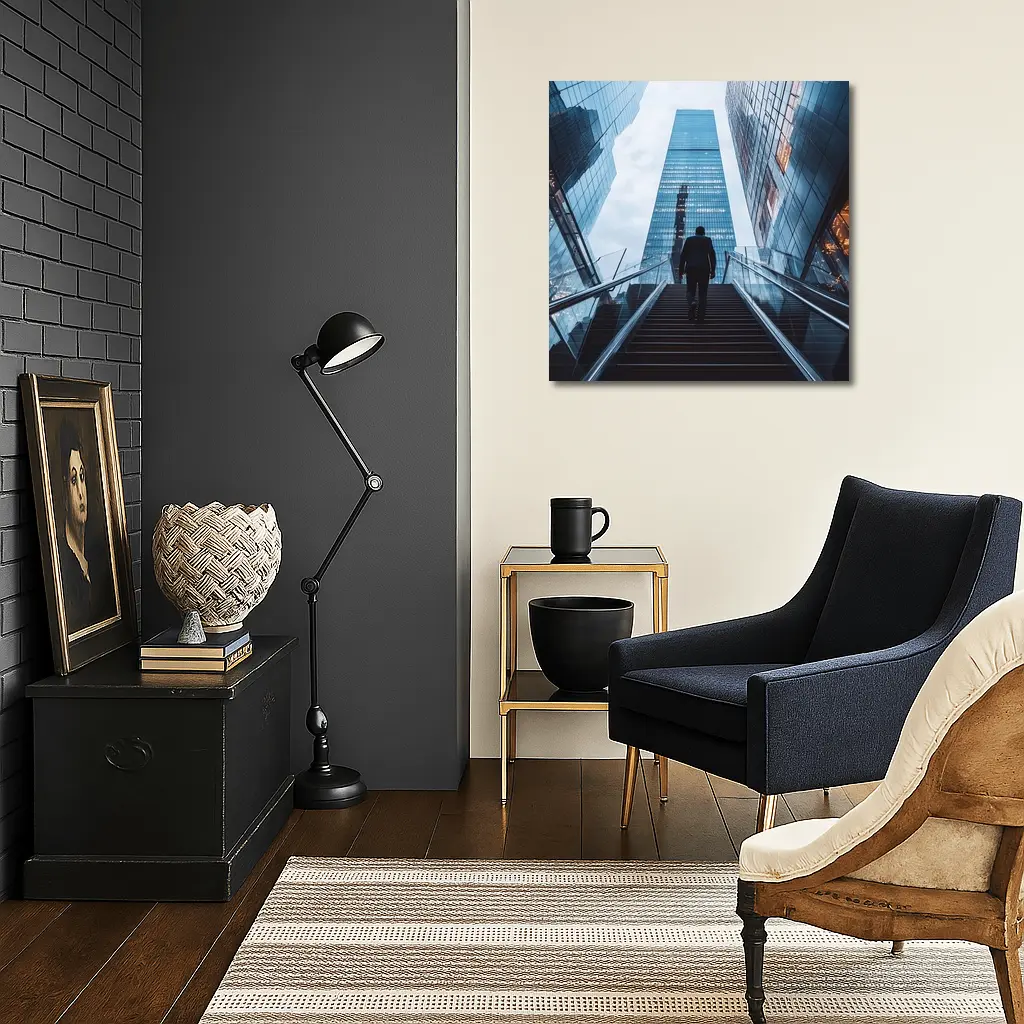 Businessman Silhouette Walking Up City Stairs – Wall Art