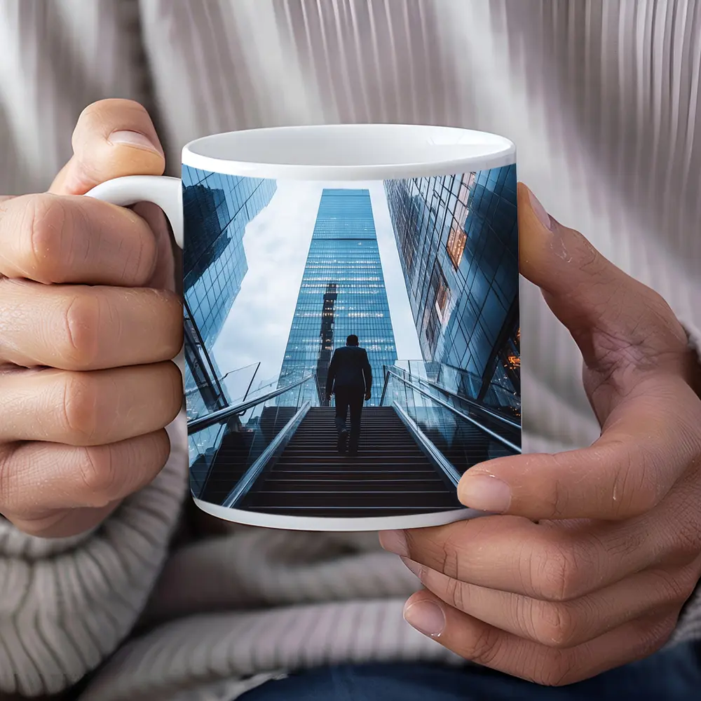 Businessman Silhouette Walking Up City Stairs – Mugs
