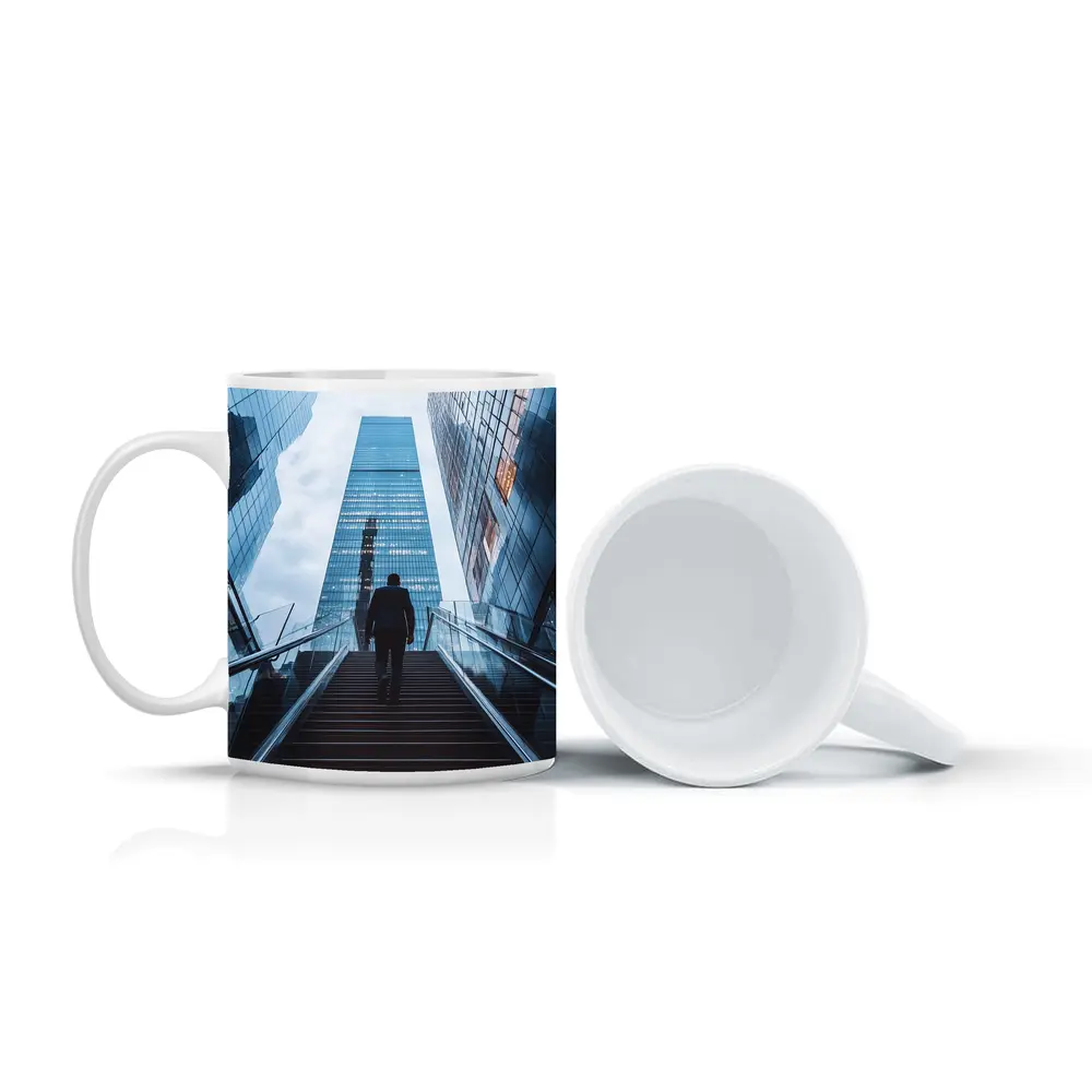 Businessman Silhouette Walking Up City Stairs – Mugs
