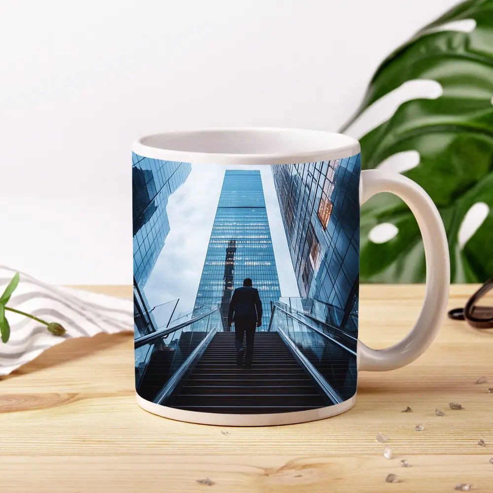 Businessman Silhouette Walking Up City Stairs – Mugs