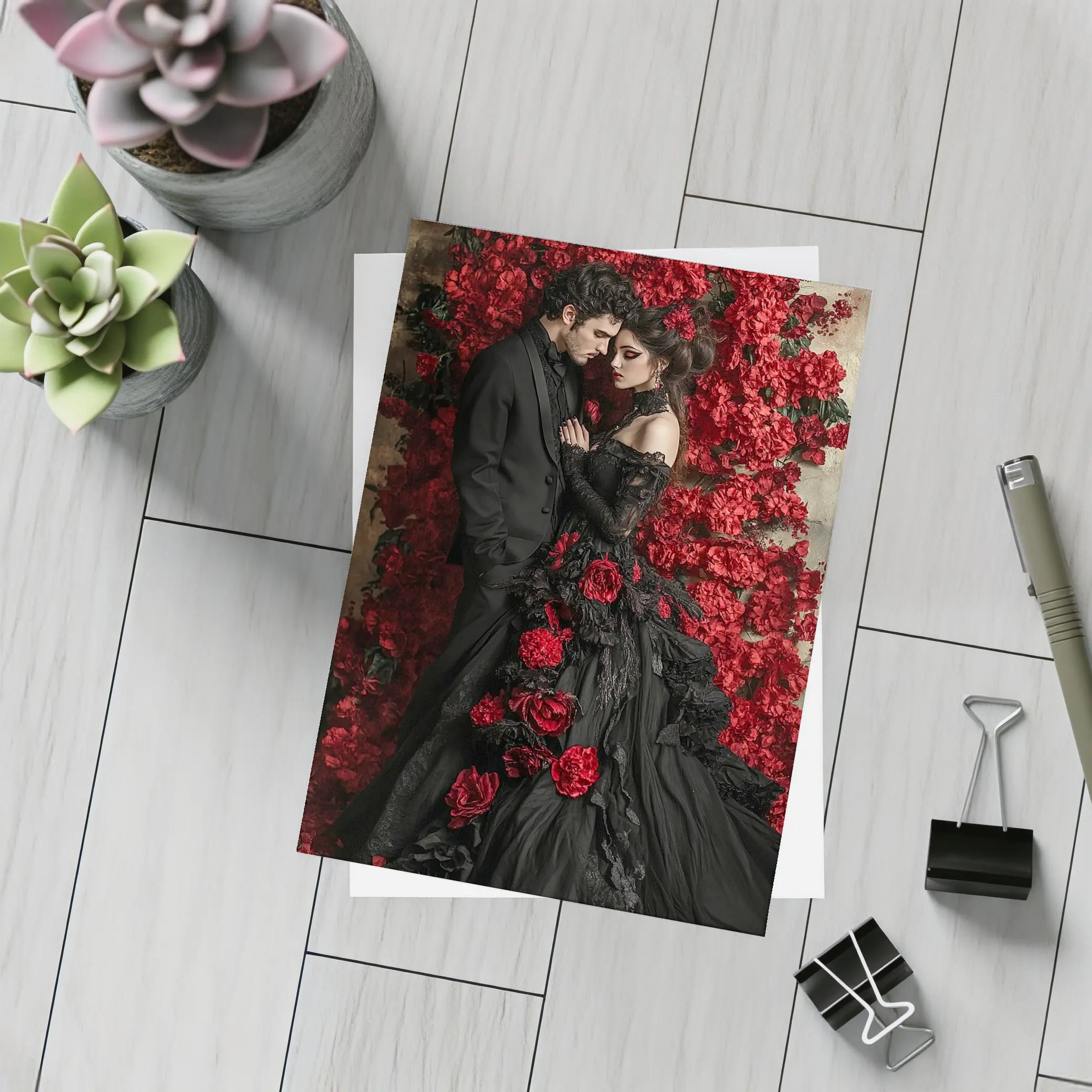 Gothic Couple Black Dress Red Roses – Postcards