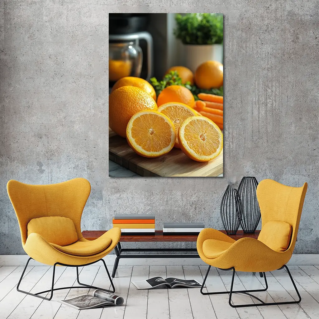 Fresh Oranges on Kitchen Cutting Board – Wall Art