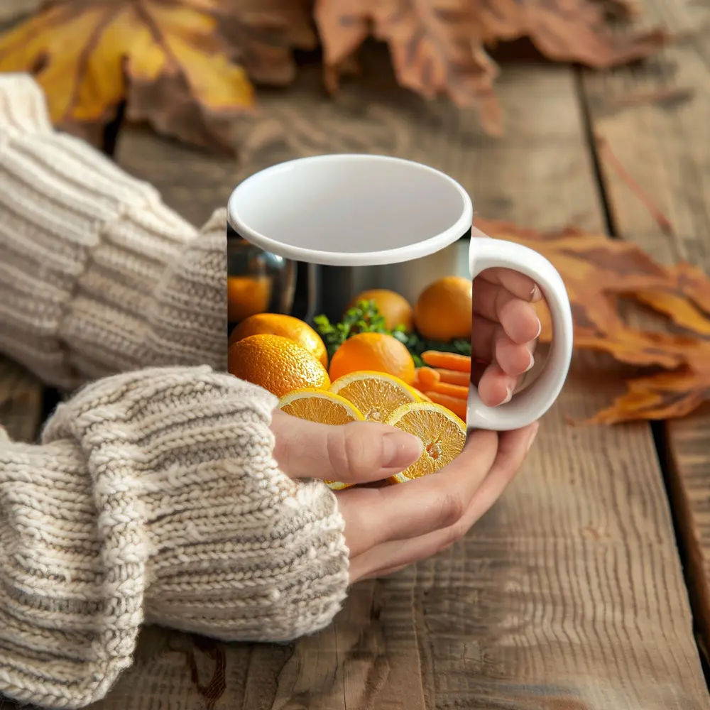 Fresh Oranges on Kitchen Cutting Board – Mugs